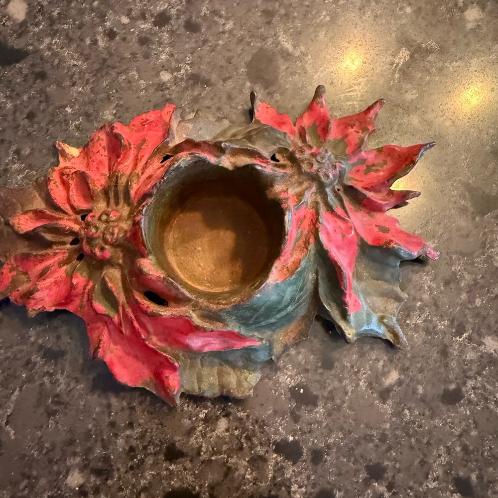 Antique candle holder cast iron poinsettia